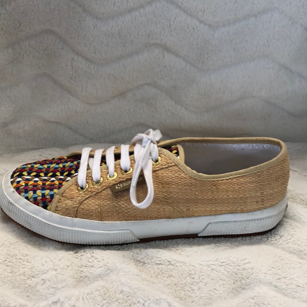 Superga Tan Canvas Sneakers with Multicolor Woven Toe